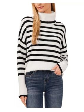 Cece Turtleneck Black and Cream Striped Women's Sweater